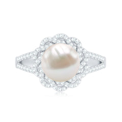 Split Shank Freshwater Pearl and Diamond Braided Statement Ring