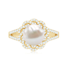 Split Shank Freshwater Pearl and Diamond Braided Statement Ring