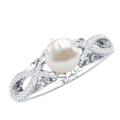 Freshwater Pearl and Diamond Crossover Engagement Ring