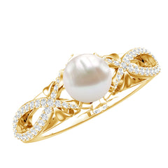 Freshwater Pearl and Diamond Crossover Engagement Ring