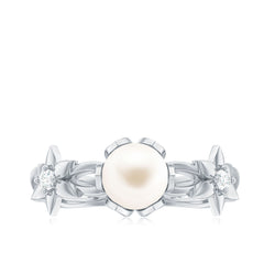 2.25 CT Freshwater Pearl and Diamond Flower Ring in Gold