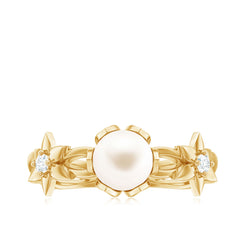 2.25 CT Freshwater Pearl and Diamond Flower Ring in Gold