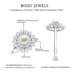 Round Freshwater Pearl Engagement Ring with Moissanite Double Halo