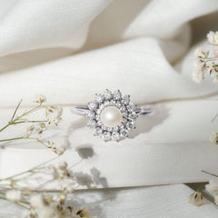 Round Freshwater Pearl Engagement Ring with Moissanite Double Halo