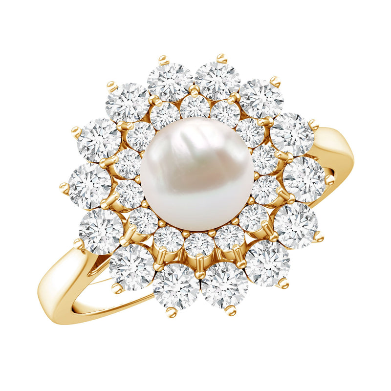 Round Freshwater Pearl Engagement Ring with Moissanite Double Halo