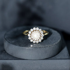 Round Freshwater Pearl Engagement Ring with Moissanite Double Halo