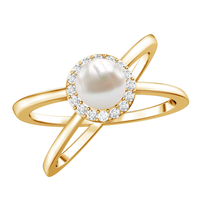2.5 CT Freshwater Pearl Criss Cross Engagement Ring with Diamond Halo