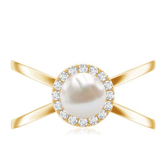 2.5 CT Freshwater Pearl Criss Cross Engagement Ring with Diamond Halo