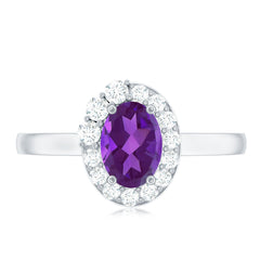 Oval Shape Amethyst and Diamond Classic Halo Engagement Ring