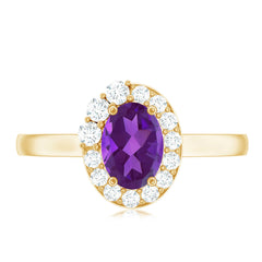 Oval Shape Amethyst and Diamond Classic Halo Engagement Ring