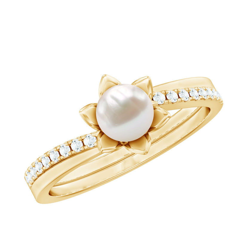 2.25 CT Floral Freshwater Pearl Bypass and Diamond Engagement Ring in Gold