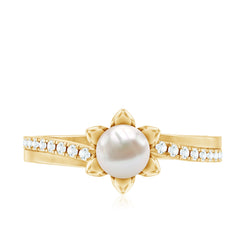 2.25 CT Floral Freshwater Pearl Bypass and Diamond Engagement Ring in Gold