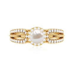 2.50 CT Freshwater Pearl and Diamond Engagement Ring with Beaded Gold