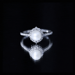 Freshwater Pearl and Diamond Halo Engagement Ring