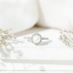 Freshwater Pearl and Diamond Halo Engagement Ring