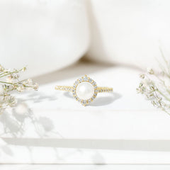 Freshwater Pearl and Diamond Halo Engagement Ring