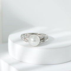 Natural 8 MM Pearl Solitaire Engagement Ring with Moissanite