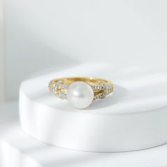 Natural 8 MM Pearl Solitaire Engagement Ring with Moissanite