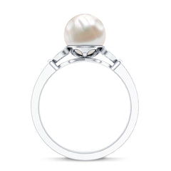 Bead Set Freshwater Pearl Solitaire Split Shank Ring with Diamond