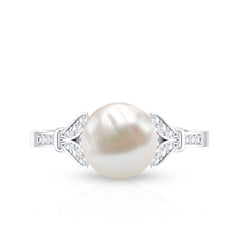 Bead Set Freshwater Pearl Solitaire Split Shank Ring with Diamond