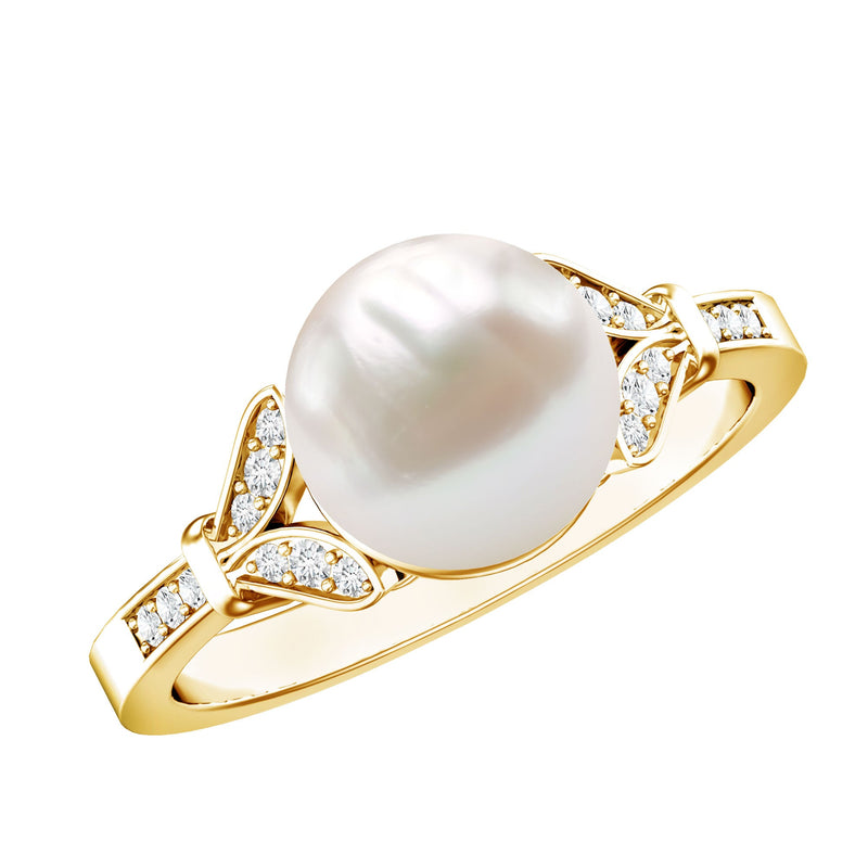 Bead Set Freshwater Pearl Solitaire Split Shank Ring with Diamond