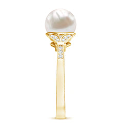 Bead Set Freshwater Pearl Solitaire Split Shank Ring with Diamond