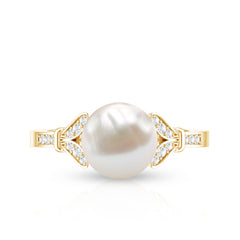 Bead Set Freshwater Pearl Solitaire Split Shank Ring with Diamond