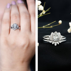Certified Zircon Lotus Floral Bridal Wedding Ring Set