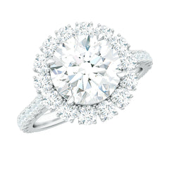 Zircon Round Engagement Ring with Floating Halo and Side Stones