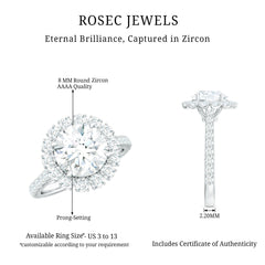 Zircon Round Engagement Ring with Floating Halo and Side Stones