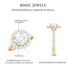 Zircon Round Engagement Ring with Floating Halo and Side Stones