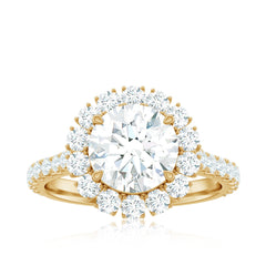 Zircon Round Engagement Ring with Floating Halo and Side Stones