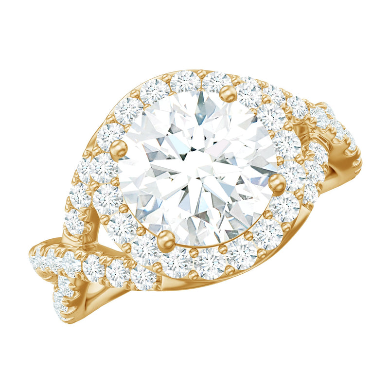 Round Shape Zircon Crossover Engagement Ring in Gold