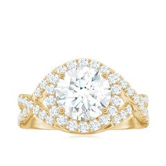 Round Shape Zircon Crossover Engagement Ring in Gold