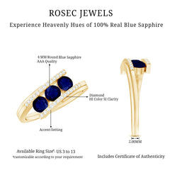 0.50 CT Blue Sapphire Three Stone Bypass Ring with Diamond Accent