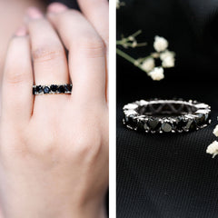 Claw Set Heart Shape Black Spinel Eternity Band Ring