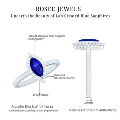 Marquise Cut Lab Grown Blue Sapphire and Diamond Halo Engagement Ring