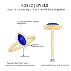 Marquise Cut Lab Grown Blue Sapphire and Diamond Halo Engagement Ring
