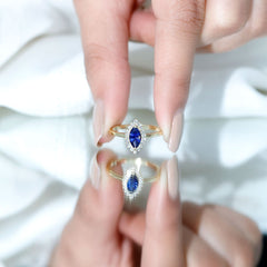Marquise Cut Lab Grown Blue Sapphire and Diamond Halo Engagement Ring