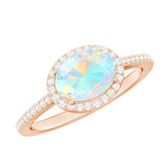 Genuine 6X8mm Oval Opalescent East West Engagement Ring with Diamond Halo