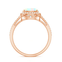 Genuine 6X8mm Oval Opalescent East West Engagement Ring with Diamond Halo