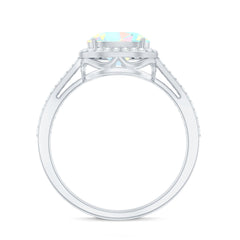 Genuine 6X8mm Oval Opalescent East West Engagement Ring with Diamond Halo