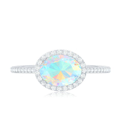 Genuine 6X8mm Oval Opalescent East West Engagement Ring with Diamond Halo