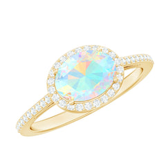 Genuine 6X8mm Oval Opalescent East West Engagement Ring with Diamond Halo