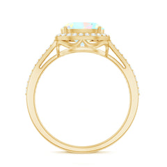 Genuine 6X8mm Oval Opalescent East West Engagement Ring with Diamond Halo