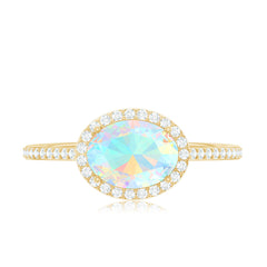 Genuine 6X8mm Oval Opalescent East West Engagement Ring with Diamond Halo