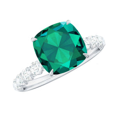 Certified Lab Grown Emerald Cushion Cut Engagement Ring with Diamond Side Stones