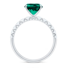 Certified Lab Grown Emerald Cushion Cut Engagement Ring with Diamond Side Stones