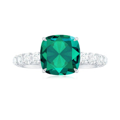 Certified Lab Grown Emerald Cushion Cut Engagement Ring with Diamond Side Stones