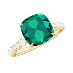 Certified Lab Grown Emerald Cushion Cut Engagement Ring with Diamond Side Stones